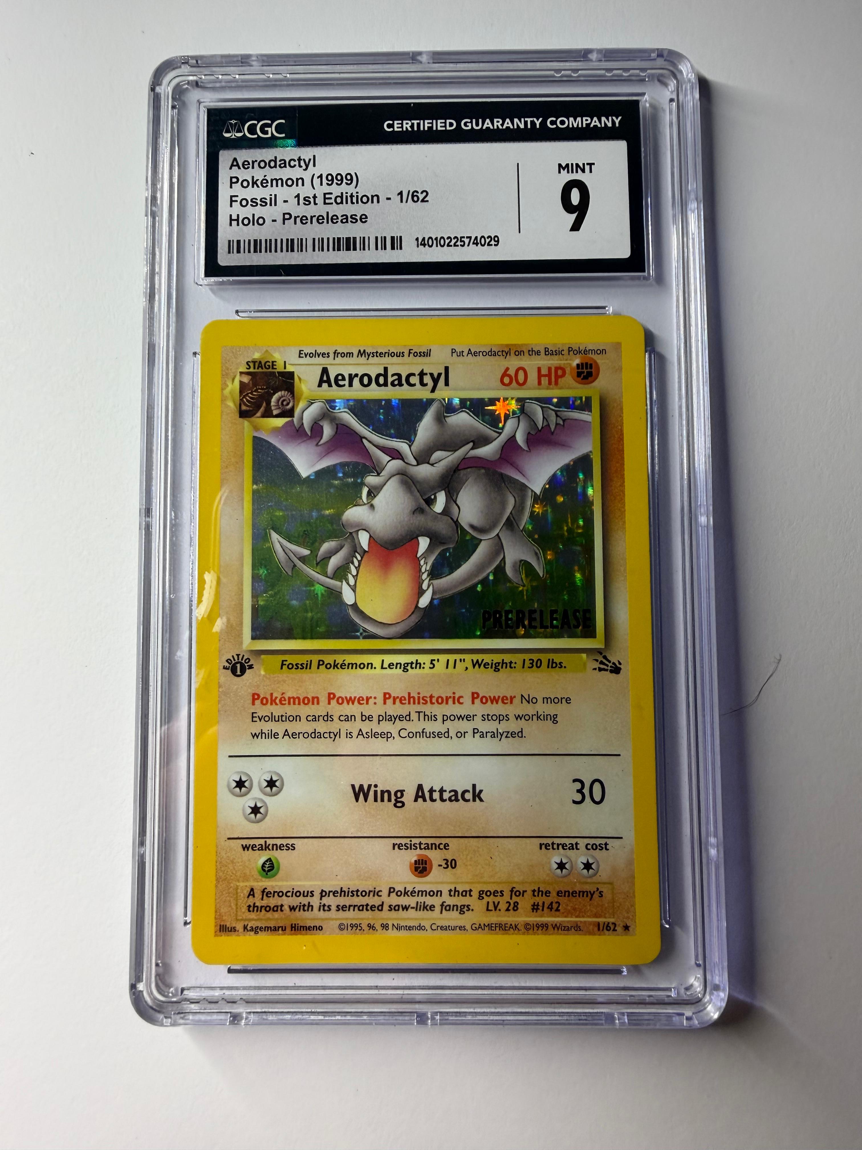 HOLO Aerodactyl Prerelease 1/62 1st Edition Pokemon Fossil CGC 9 Stamped